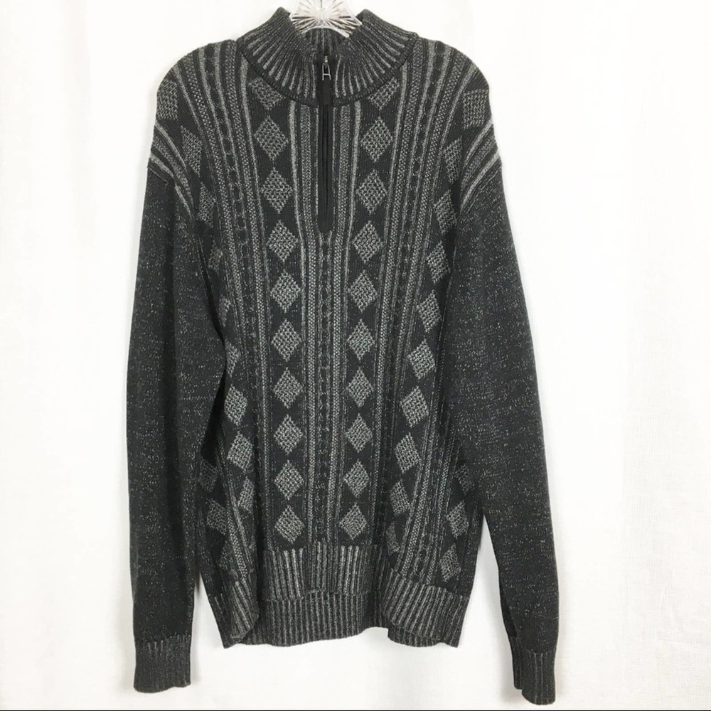 Bachrach Argyle Diamond Cable Knit 1/4 Zip Mock Neck Sweater Gray Mens L